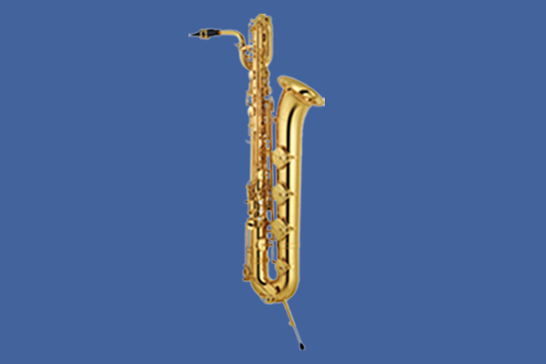 A brass baritone saxophone.