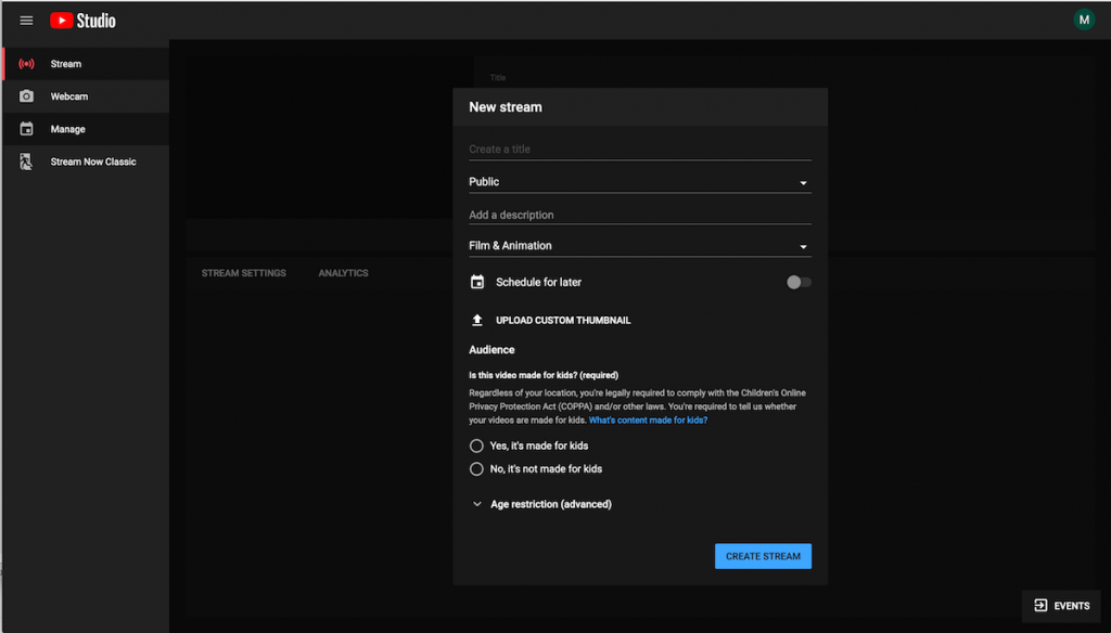 Initiating a YouTube stream in YouTube Studio.