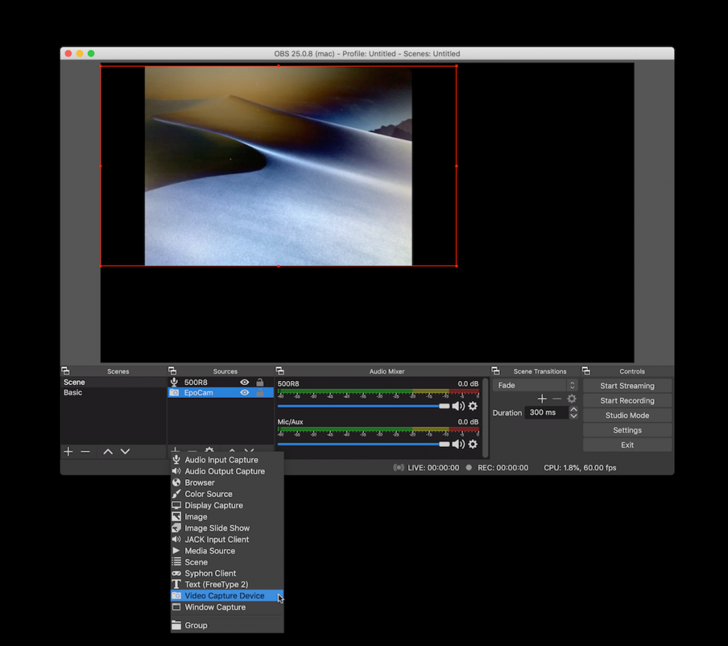 Screenshot of OBS encoder software.