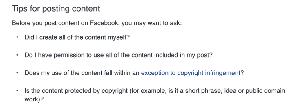 Facebook’s tips on posting and copyright for livestream content.