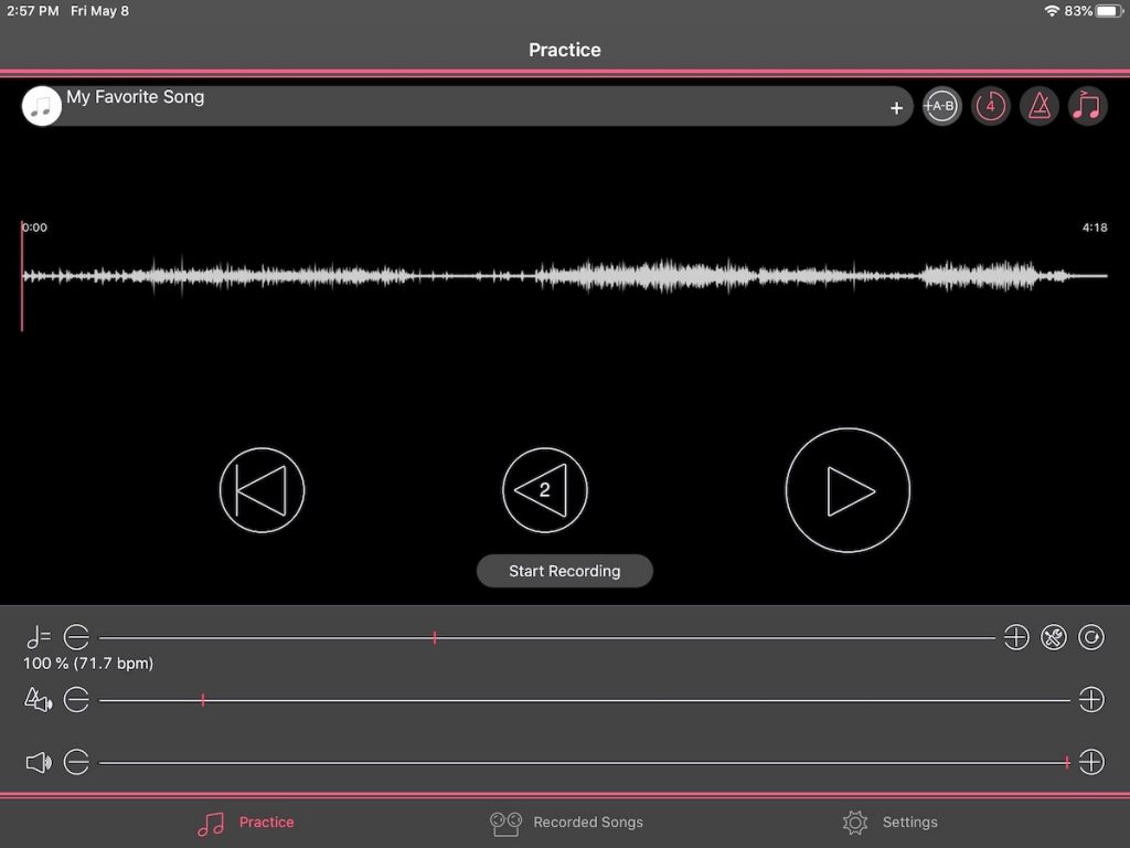 Screenshot of the Yamaha Rec’n’Share app on tablet.
