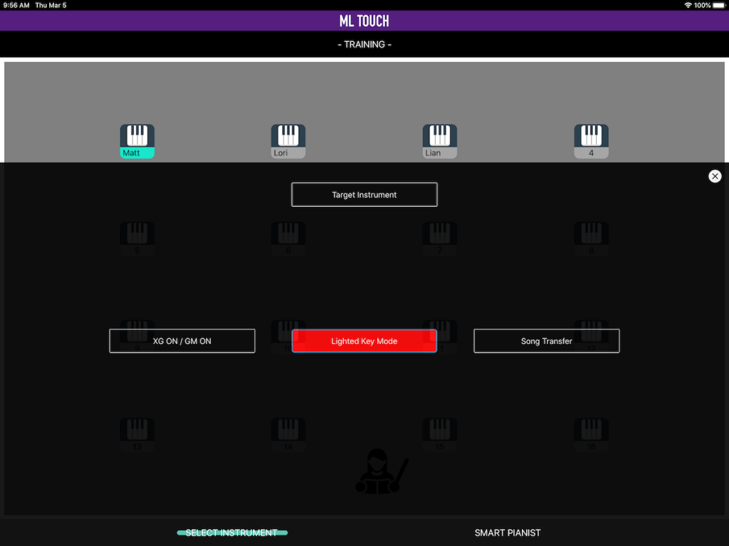 Lighted Key Mode training in ML Touch app.