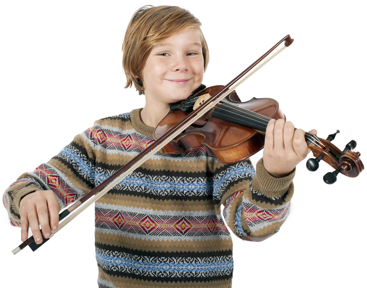 Blonde boy playing the violin.