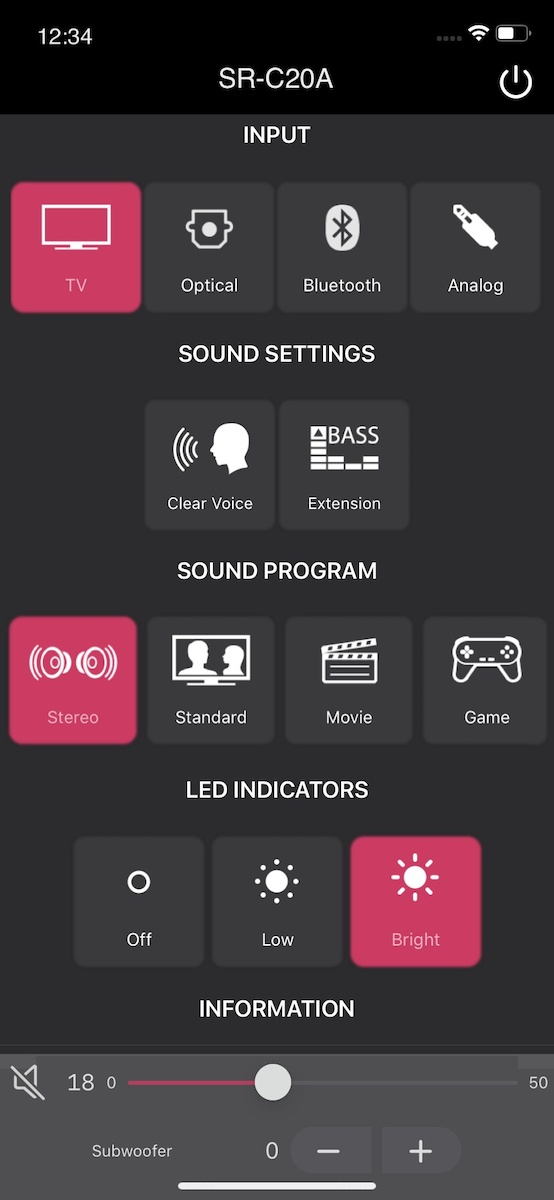 Screen shot Sound Bar Remote app.