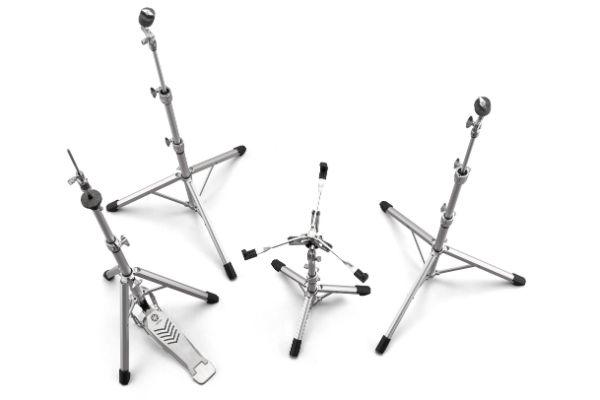 Set of four collapsing/telescoping stands that are geared for supporting drum set elements.