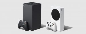 Image of the Xbox Series X (left) and Xbox Series S (right) with their respective controllers.