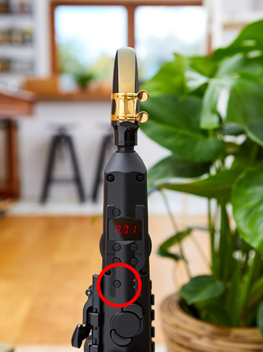 illustration showing the function button on the The Yamaha YDS-150 Digital Saxophone circled in red.