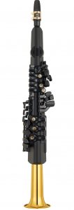 Electronic saxophone shaped similarly to a clarinet.