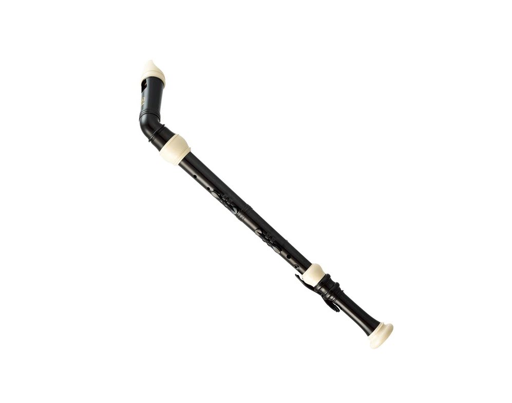 A woodwind instrument with a long body and a bend at the neck leading to mouthpiece.