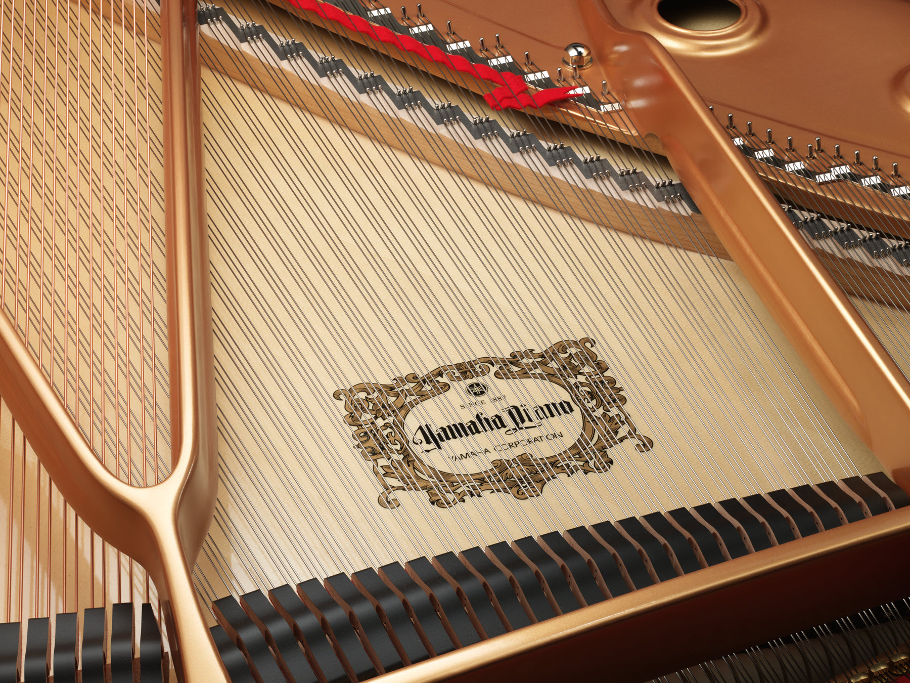 Closeup of a soundboard with the Yamaha logo visible beneath the strings.