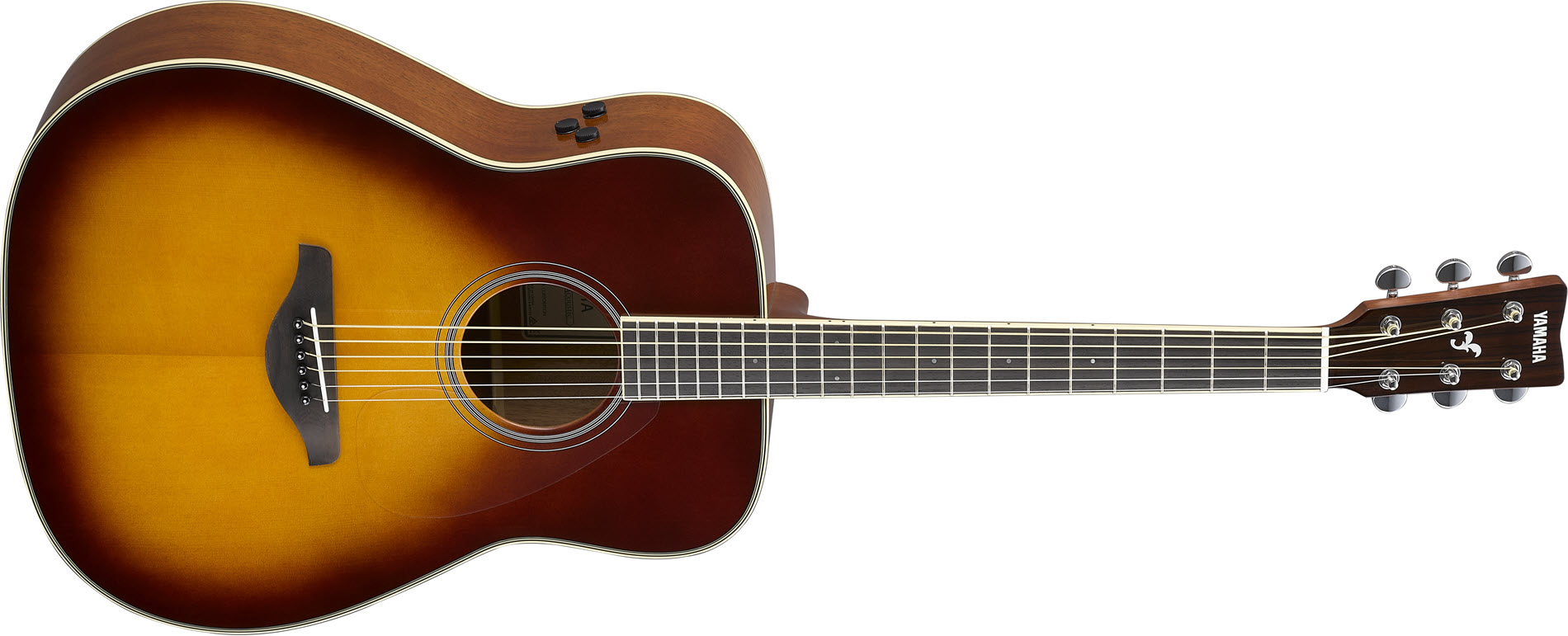Front view of an acoustic guitar laying on its side with three small knobs on side of body.