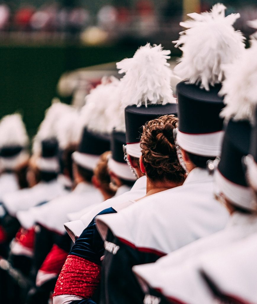 marching band members from behind