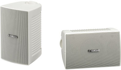 Two small light color audio speakers.