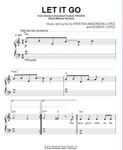 Copy of simplified sheet music for "Let It Go" from the movie FROZEN