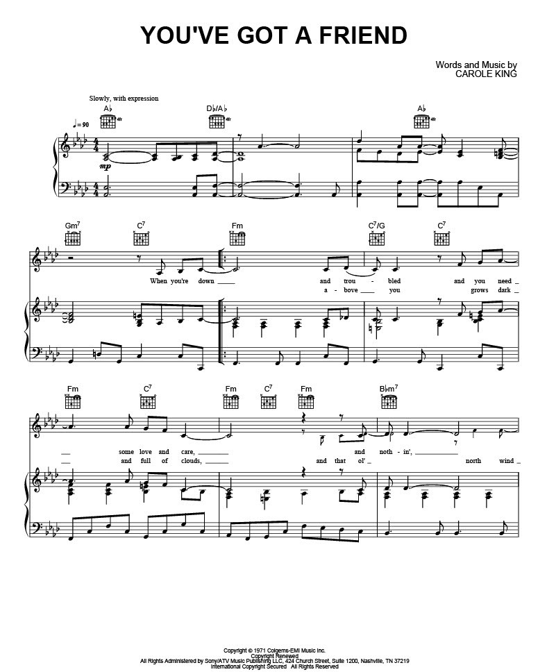 Sheet music for "You've got a Friend" by Carole King.