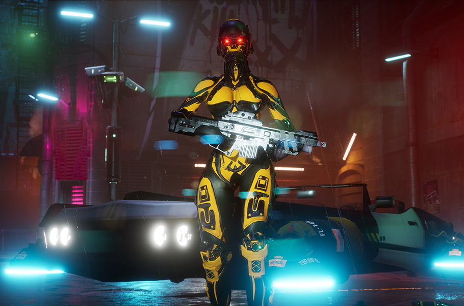 A cyber-security guard stands on a rainy street in a neon city and watches out for order. The rainy street of the city of the future. 3D rendering of a futuristic cyber-humanoid.