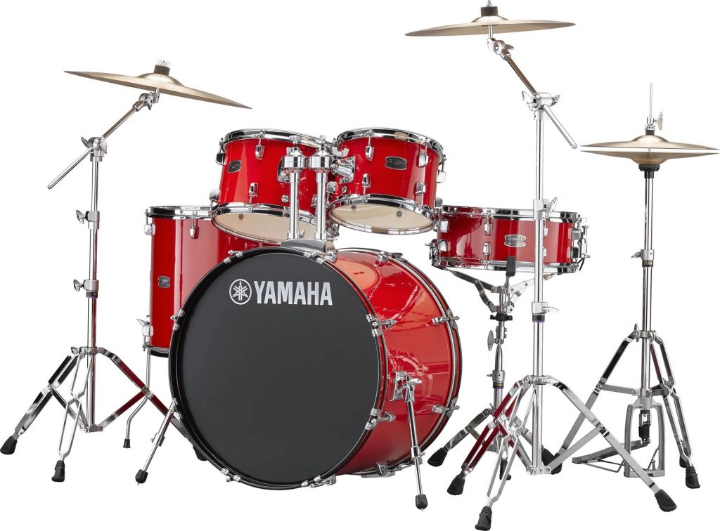 Bright red drum kit with Yamaha on bass drum.