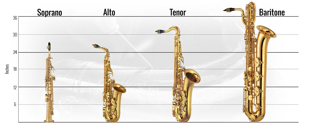 Graphic comparing the sizes of types of saxophones to absolute heights and to each other.