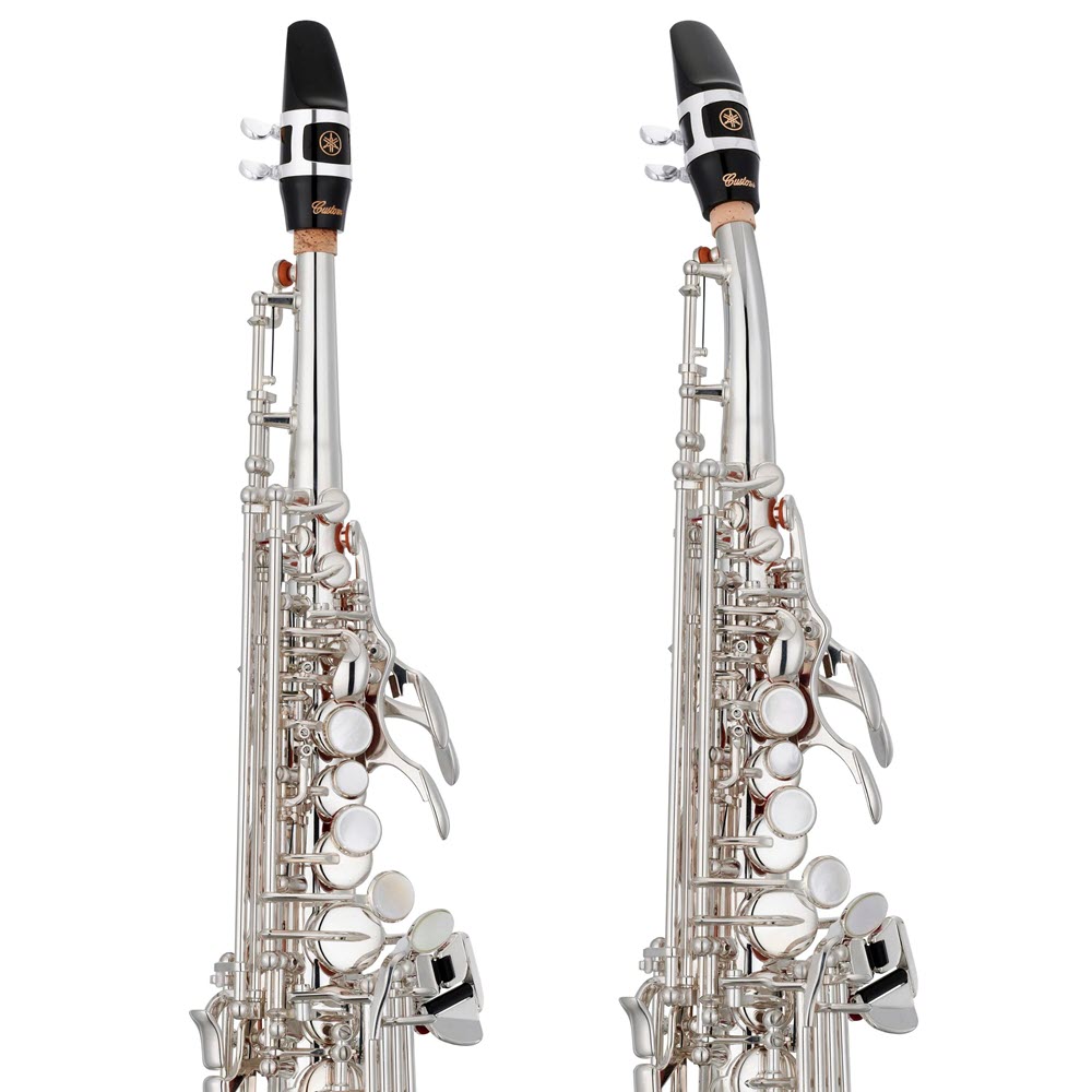 Two different silver color saxophones, one with a curved neck the other with a straight neck.