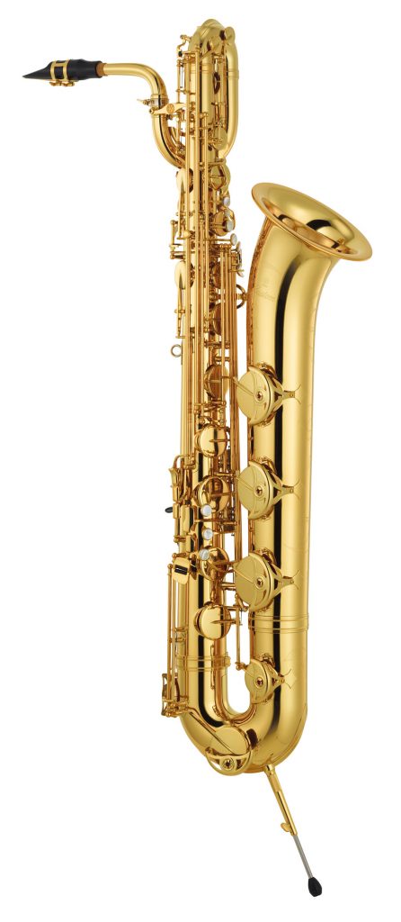 Large gold colored saxophone with a small foot.