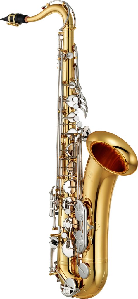 Gold colored tenor saxophone with silver colored keys.