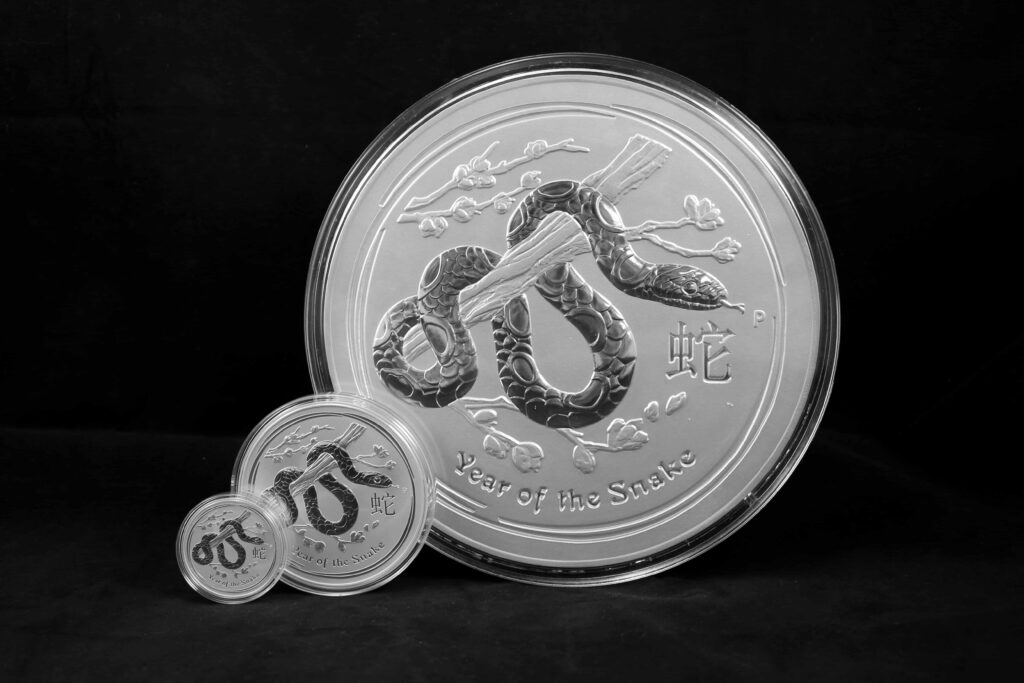 Three coins depicting the Chinese symbol for snake.