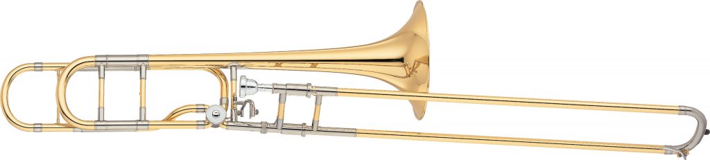 Trombone seen in profile.