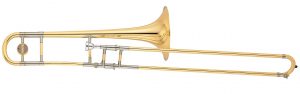 Trombone seen in profile.