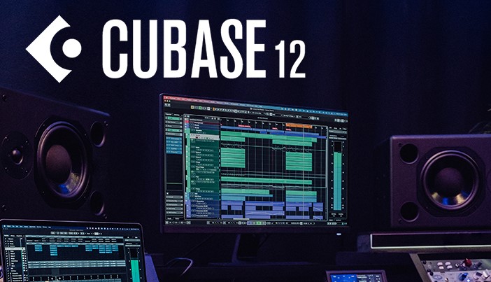 Headline of "CUBASE 12" overlaying an image of a computer showing the product.