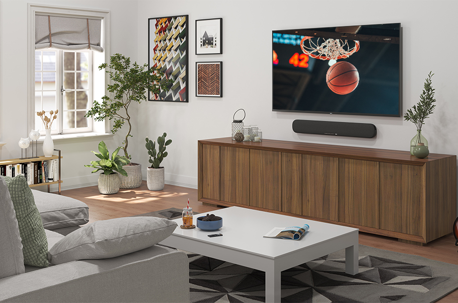 Modern living room with a large screen TV showing a basketball going through a hoop.