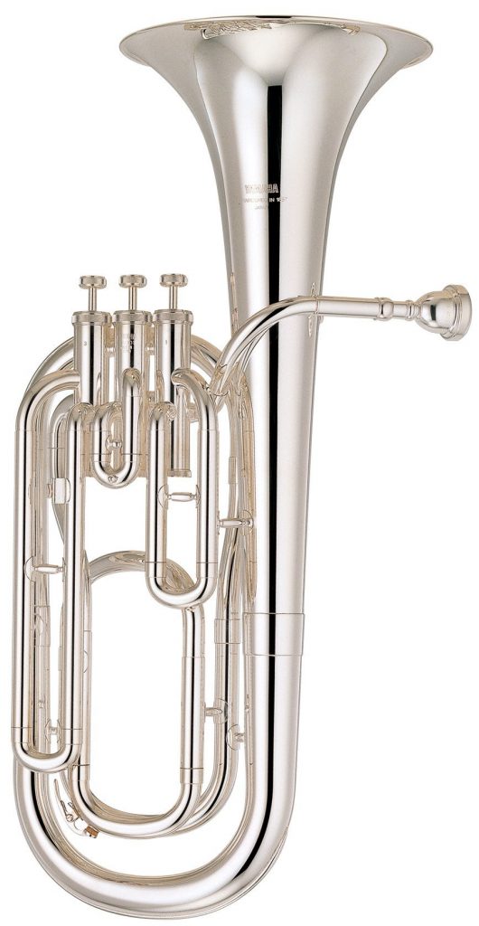Silver color baritone horn with bell at top and mouthpiece and valves at be held vertically.