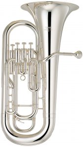 A silver euphonium with the mouthpiece on the right.
