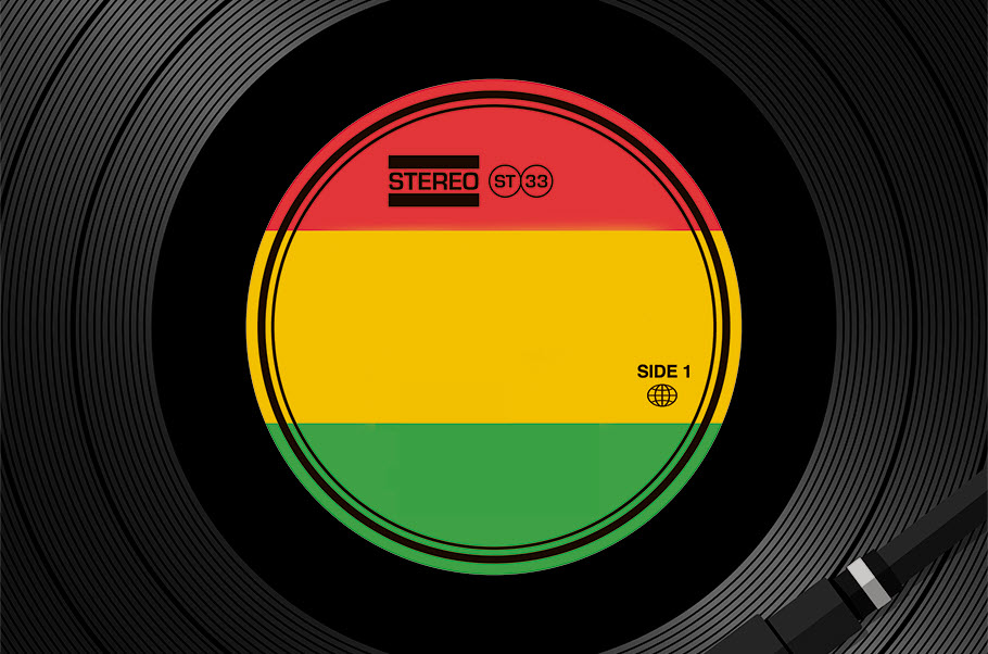 Graphic that looks like the closeup of a label on a vinyl LP. The label is striped in the colors of the Jamaican flag.
