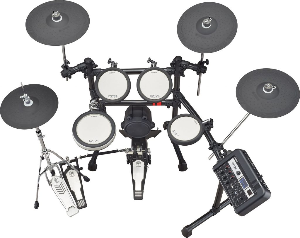 Hybrid drum kit seen from above.