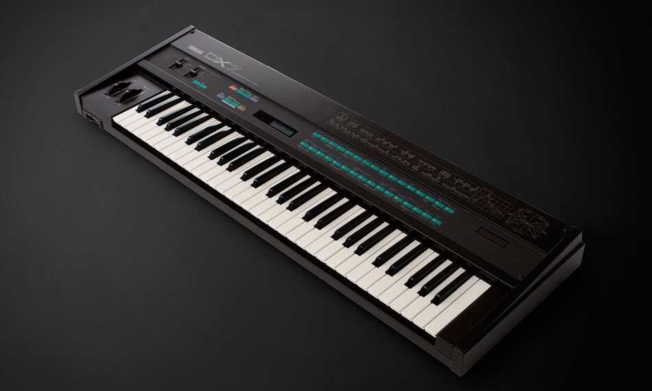 Yamaha DX7 music synthesizer as seen from above keyboard.