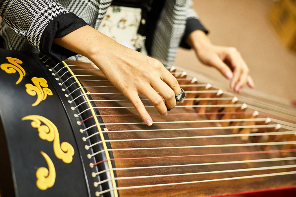 Closeup of a person's hands plucking the strings of a many stringed instrument.