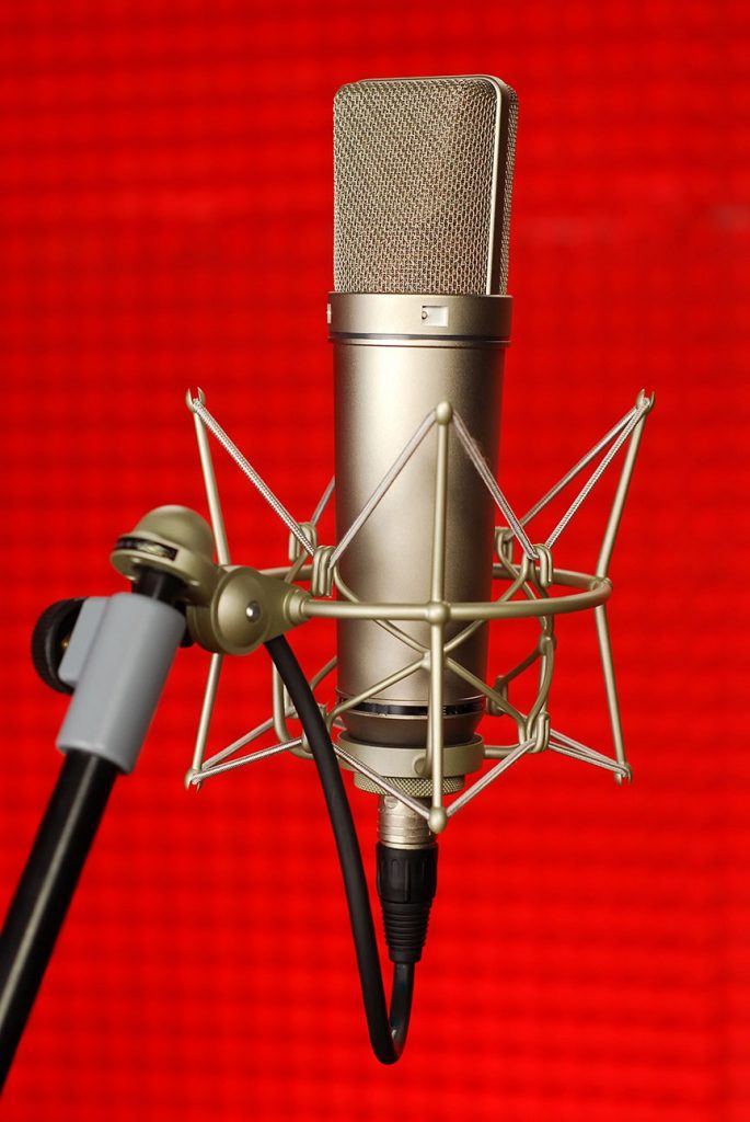 Close-up of gray microphone on red background.