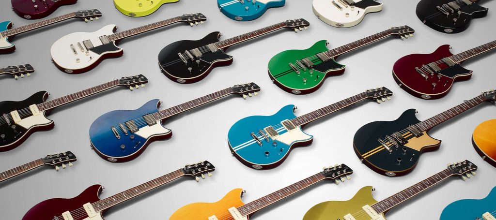 Rows of colorful electric guitars.