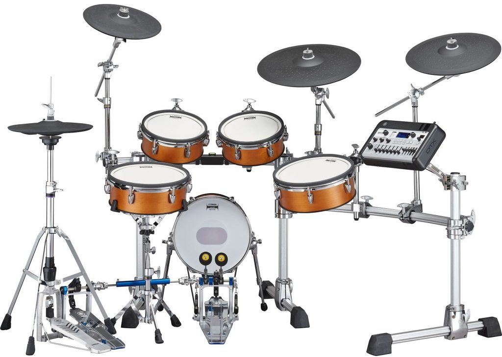 A hybrid acoustic and electronic drum kit.