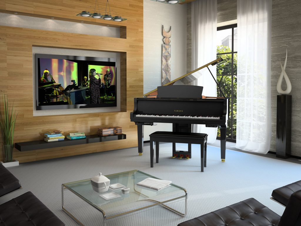 A beautiful grand piano in an upscale modern living room with a large flat screen embedded in wall where a jazz concert is playing.