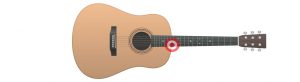 Acoustic guitar with target emblem highlighting specific area of lower part of neck.