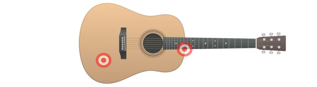 Acoustic guitar with two target emblems over certain locations.