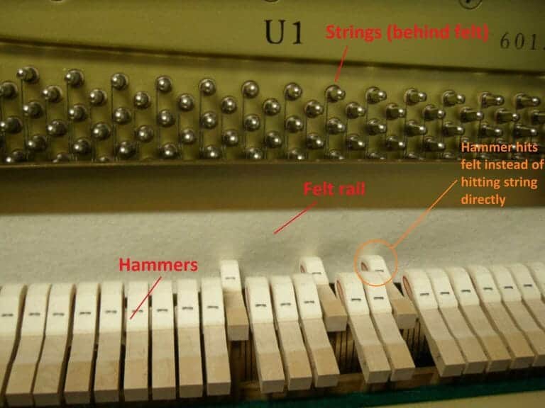 Image of hammers, strings and felt rail exposed with indications of how it works.