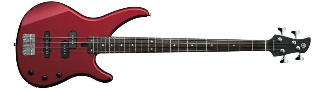 A red electric bass guitar.