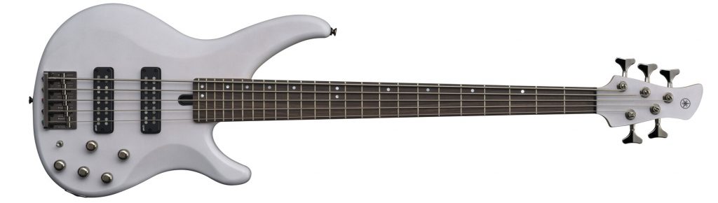 Light color bodied electric bass guitar.