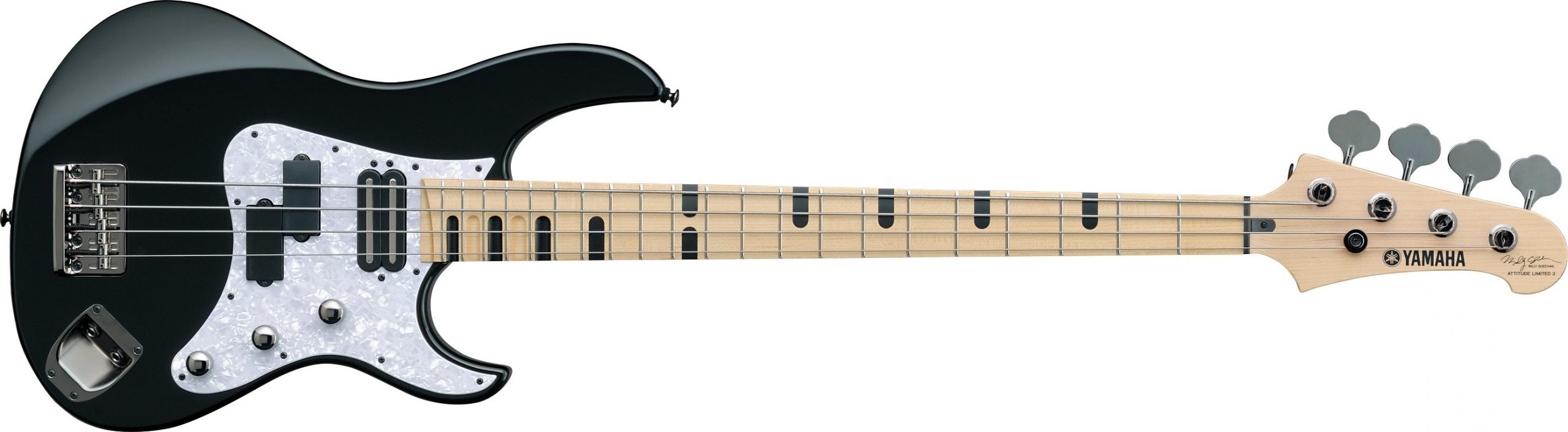 Black and white electric bass guitar.