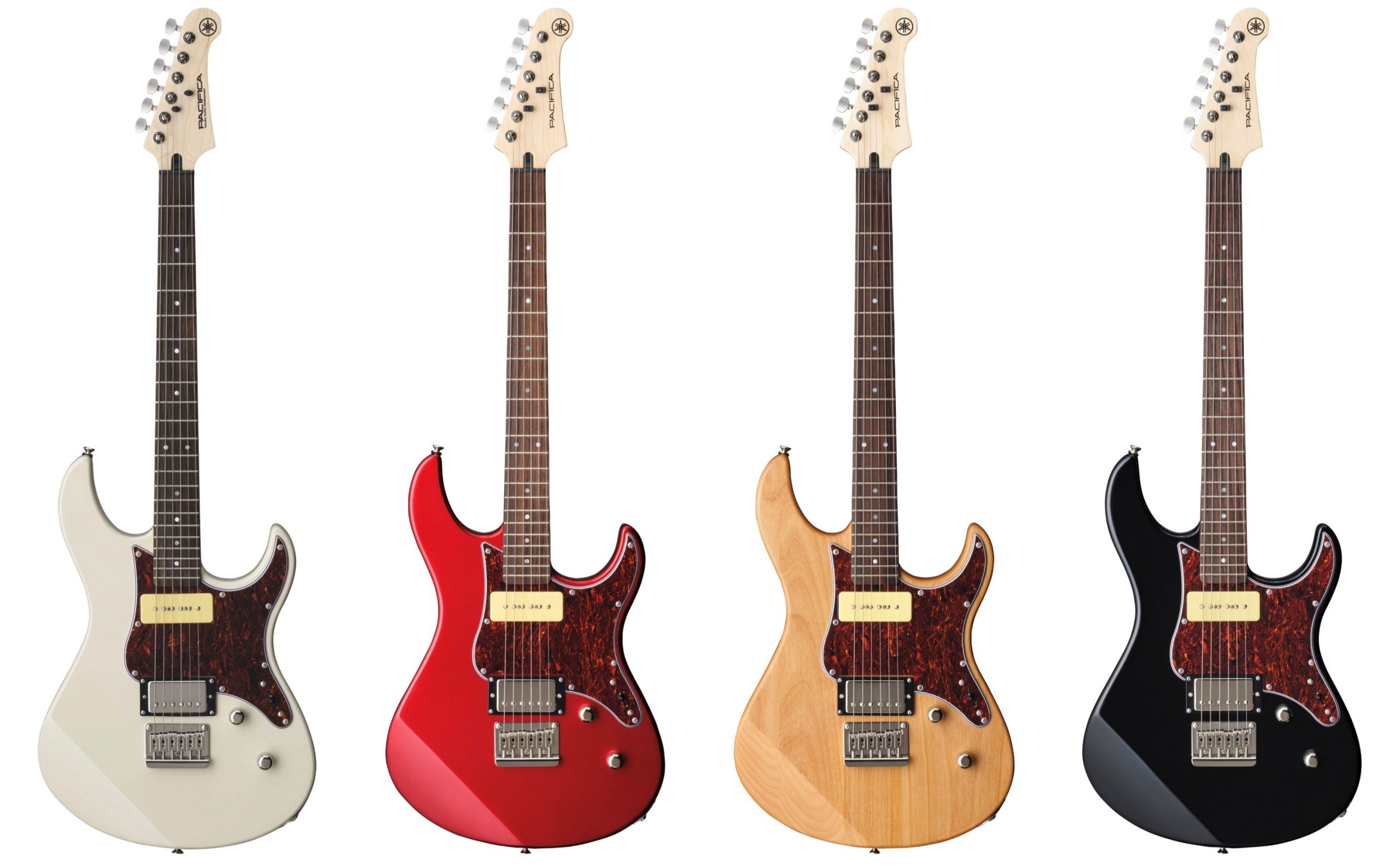 Four different colors of a guitar.