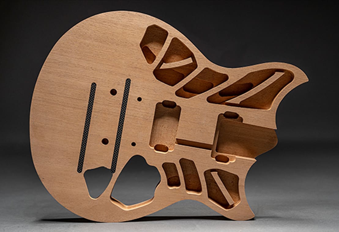 View of unfinished guitar body.