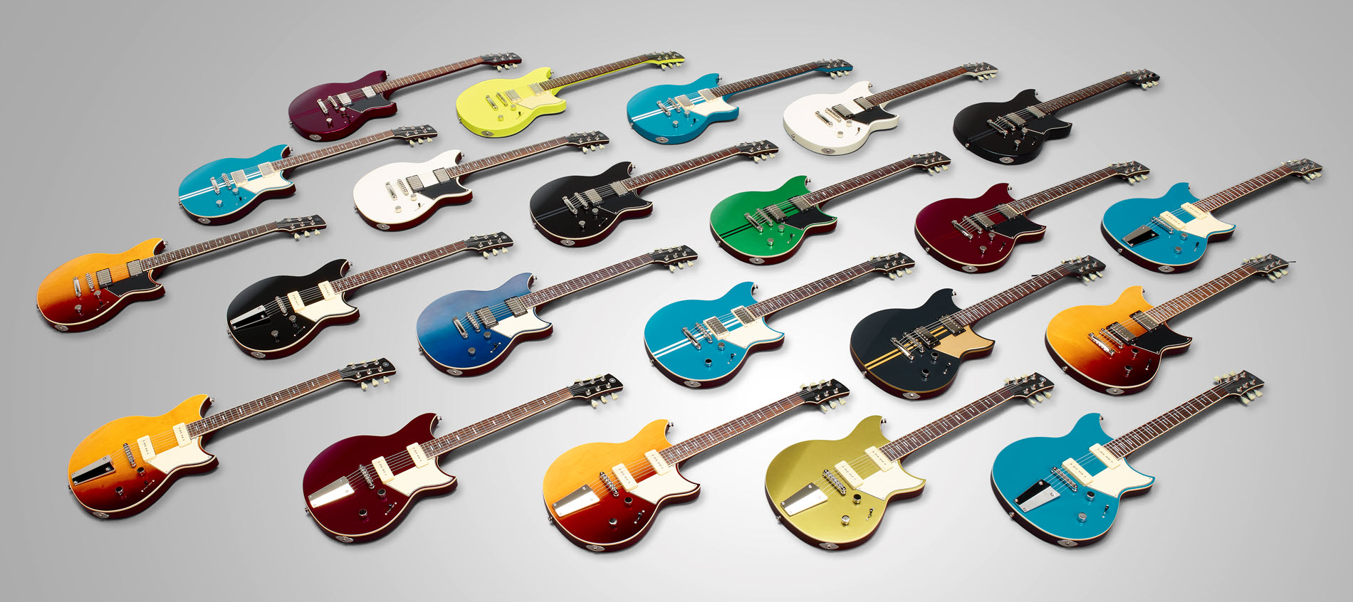 Large array of different colors of electric guitars.