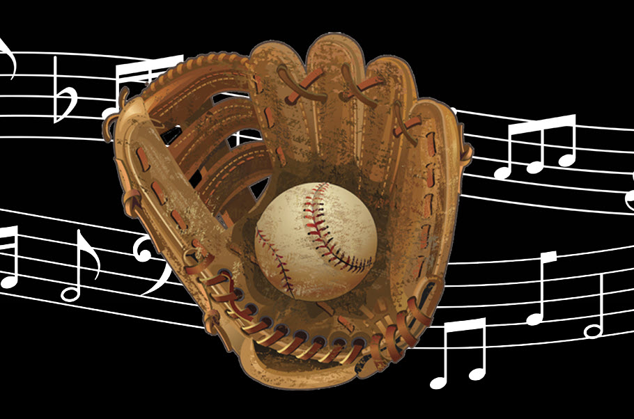 Baseball glove with baseball in foreground with stylized music graphic behind.